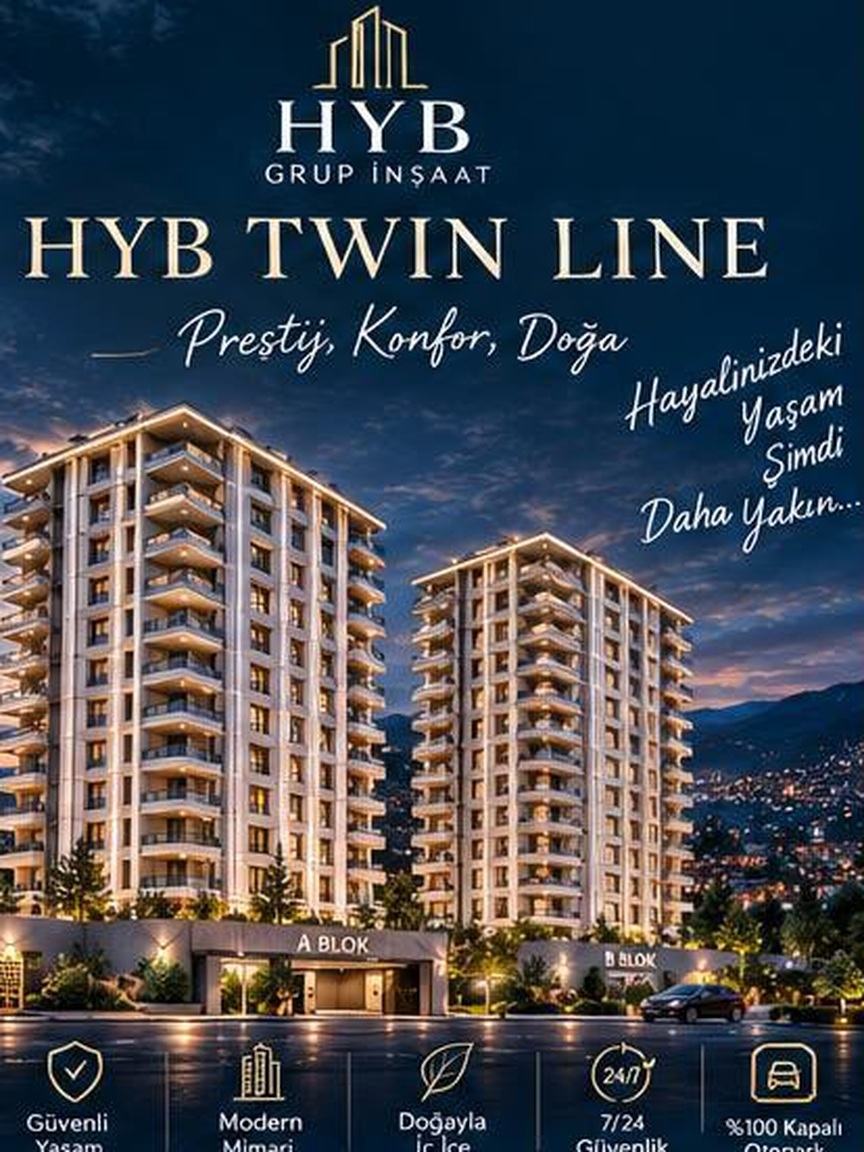 HYB Twin Line tanıtım görseli: A ve B blokları gece, dış cephe aydınlatması yanarken